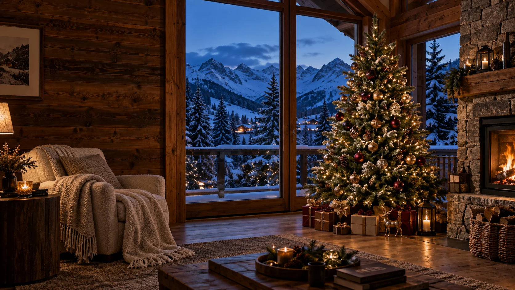 Ambiance de Noël dans un chalet, sapin décoré et vue sur les montagnes