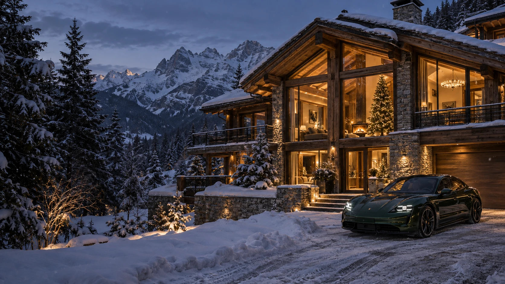 Illustration d’un chalet alpin avec une berline garée devant